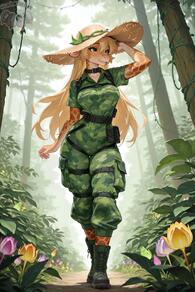 1girl animal_ears artist:animefurever belt blonde_hair boots breasts camouflage camouflage_pants character:gwendoline day flower full_body furry furry_female green_eyes hat long_hair nature outdoors pants plant pouch shirt short_sleeves solo straw_hat sun_hat walking // 1152x1728 // 165KB