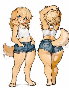 1girl animal_ears ass blonde_hair blue_eyes denim denim_shorts dog_ears dog_girl dog_tail female full_body furry furry_female golden_retriever looking_at_viewer midriff multiple_views navel petite short_shorts shorts simple_background smile SnepStreet solo tail tail_wagging thighs white_background young // 896x1152 // 83KB
