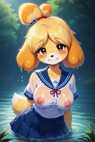 1girl artist:furryfunparty breasts character:isabelle(animal_crossing) female nipples school_uniform see-through wet // 512x768 // 42KB