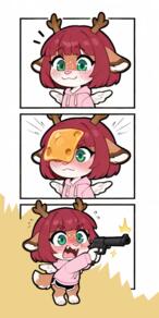 3koma 4ears angry anthro antlers artist:aecii_3d character:rubi(aecii_3d) cheese chibi chimera comic deer_spots dolphin_shorts female furry green_eyes gun happy hoodie meme petite pink_nose red_hair tail tail:fox wings wings:feathered // 450x899 // 48KB