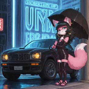1girl animal_ear_fluff animal_ears animal_nose artist:ohlawdhecummin black_hair car character:pip(ohlawdhecummin) earrings furry furry_female green_eyes holding holding_umbrella hoop_earrings jewelry looking_at_viewer motor_vehicle outdoors rain smile solo tail thighhighs umbrella // 1656x1656 // 214KB