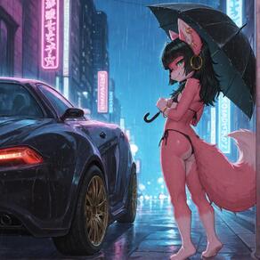 1girl animal_ears animal_nose artist:ohlawdhecummin ass barefoot bikini black_bikini black_hair bracelet car character:pip(ohlawdhecummin) earrings from_behind furry furry_female holding holding_umbrella hoop_earrings jewelry long_hair looking_at_viewer looking_back motor_vehicle night outdoors rain side-tie_bikini_bottom smile solo standing swimsuit tail umbrella // 1656x1656 // 184KB