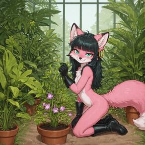 1girl animal_ears artist:ohlawdhecummin black_footwear black_gloves black_hair blunt_bangs body_fur boots character:pip(ohlawdhecummin) earrings flat_chest flower furry furry_female gloves green_eyes jewelry kneeling long_hair looking_at_viewer nude pink_fur plant potted_plant smile solo tail // 1656x1656 // 281KB