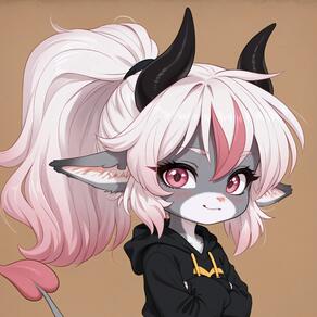 1girl animal_ears artist:azziai black_hoodie character:lizzy_(azziai) crossed_arms furry furry_female hood hoodie horns long_hair multicolored_hair pink_eyes pink_hair ponytail smile solo tail upper_body white_hair // 4096x4096 // 473KB