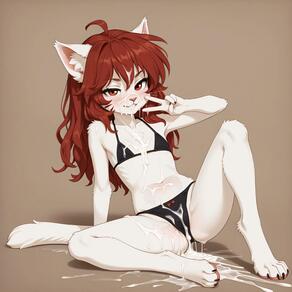 1girl ahoge animal_ears artist:azziai black_bra black_panties blush bow_panties bra brown_background character:azzi cum cum_on_body cum_on_clothes cum_on_hair facial flat_chest furry furry_female loli long_hair looking_at_viewer navel panties red_eyes red_hair simple_background sitting smile solo tail underwear v white_fur // 4096x4096 // 344KB