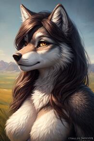 1girl animal artist:fauxton_director at body breasts brown ears female fur furry hair long looking outdoors sky snout solo upper viewer // 512x768 // 57KB