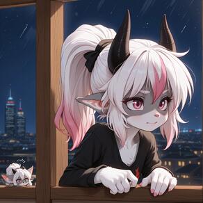 2girls animal_ears artist:azziai black_bow bow character:lizzy_(azziai) furry furry_female horns multicolored_hair multiple_girls night pink_eyes pink_hair ponytail rain shirt white_fur white_hair window // 4096x4096 // 478KB